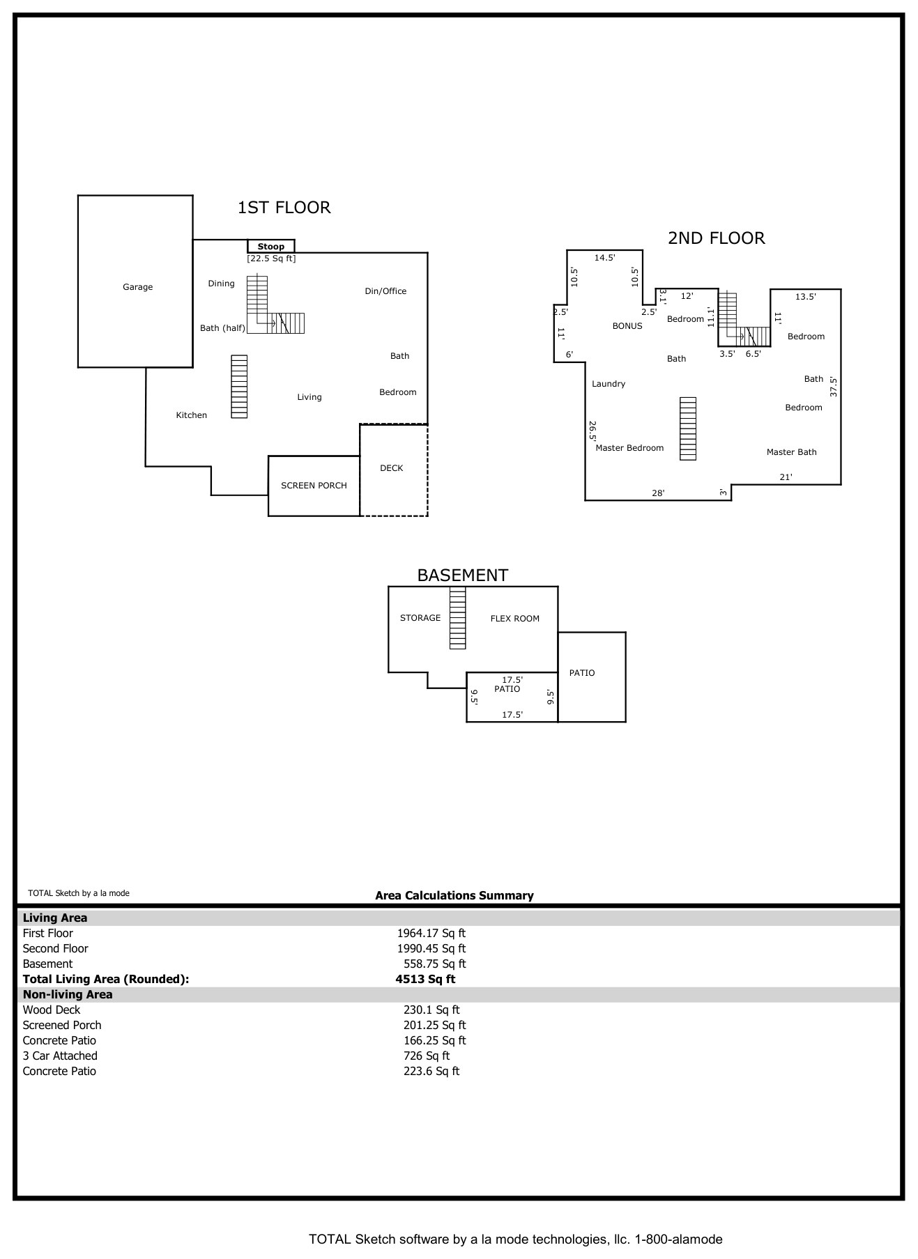 Measured floor plan, first floor, second floor, and basement with area calculations
